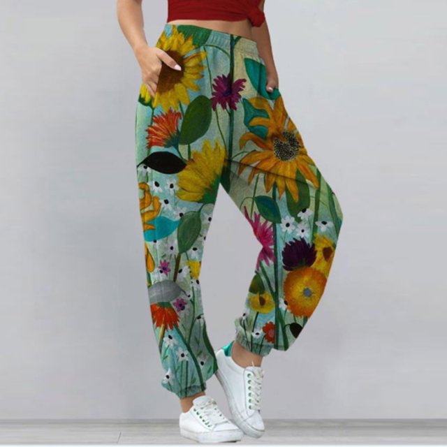 Pantalon Grand de Sport d'Été pour Femmes Mode Imprimé Décontracté Ample Long