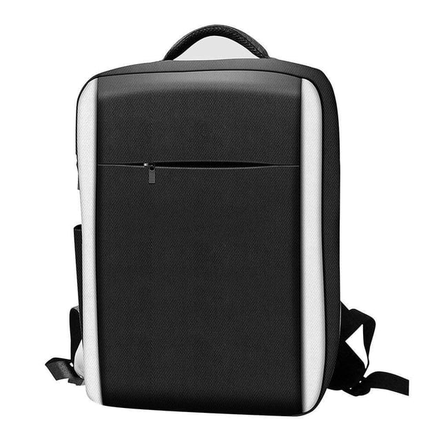 DEWIN Carry Case Compatible for PS5 Game Console Portable Travel Backpack Compatible for PS5 Game Controller Accessory Storage Bag Shoulder Bag front-facing black EVA travel bag shaped for PS5, zippered front pocket for two wireless controllers, internal pockets for PS5 camera, headset, AC power cord, HDMI and USB cables and games, waterproof nylon exterior with soft canvas interior, adjustable padded shoulder strap with leather-wrapped handle, lightweight 430g, often used to carry extra games or small accessories on trips.