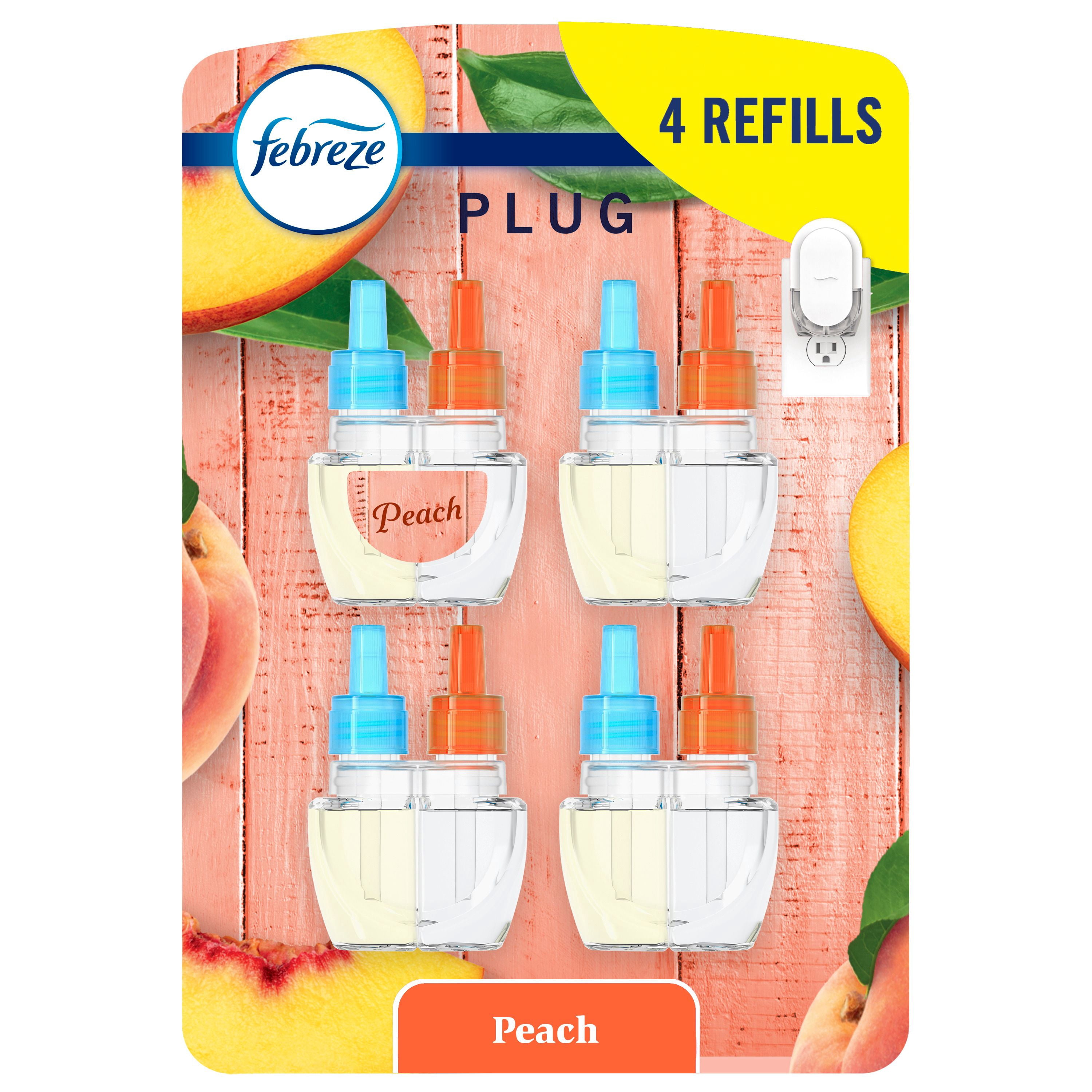 Febreze Plug In Air Freshener, Odor-Fighting Scented Oil Refill, Juicy Summer Peaches Scent, 4 Refills