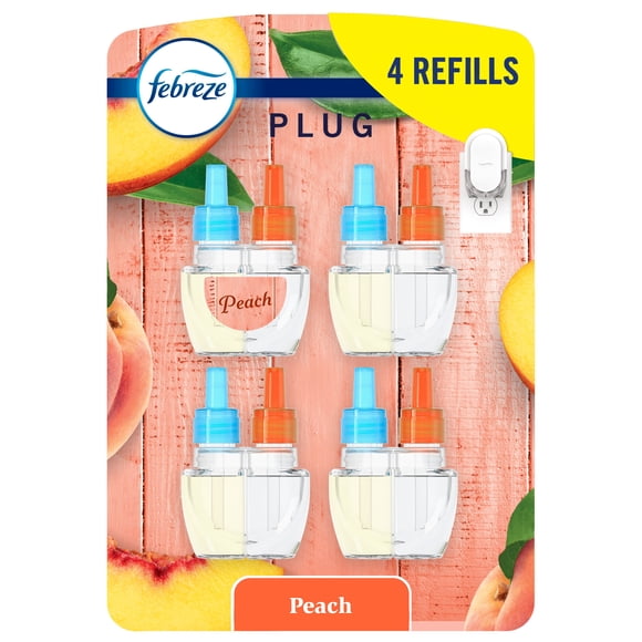 Assainisseur d’air à brancher Febreze, recharge d’huile parfumée qui combat les odeurs, parfum Pêches estivales juteuses, 4 recharges
