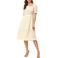 thumbnail image 2 of INSPIRE CHIC Robe pour Femme Édition Smockée Florale Col Carré Manches Courtes Bouffantes Printemps Été Robes Midi Orange m, 2 of 6
