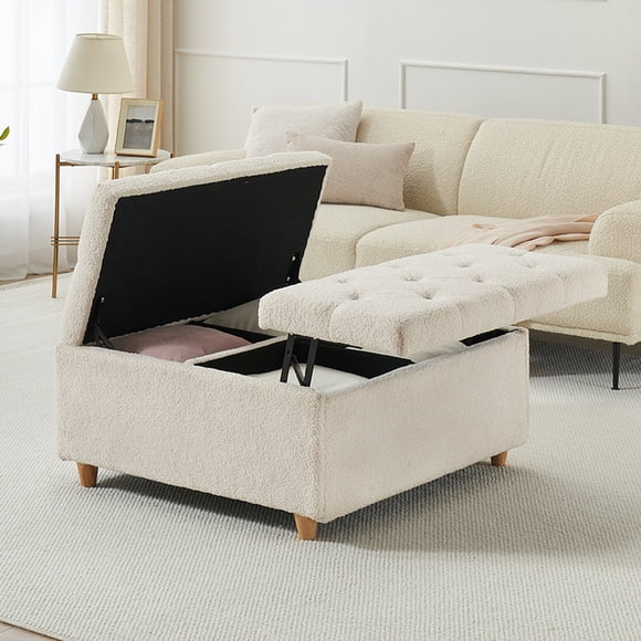 35 Inch Large Square Ottoman, Sherpa Fabric Upholstered Ottoman Coffee Table with Lift Top, Modern Tufted Ottoman Foot Rest, Square Storage Ottoman Bench for Living Room, Bedroom, Beige