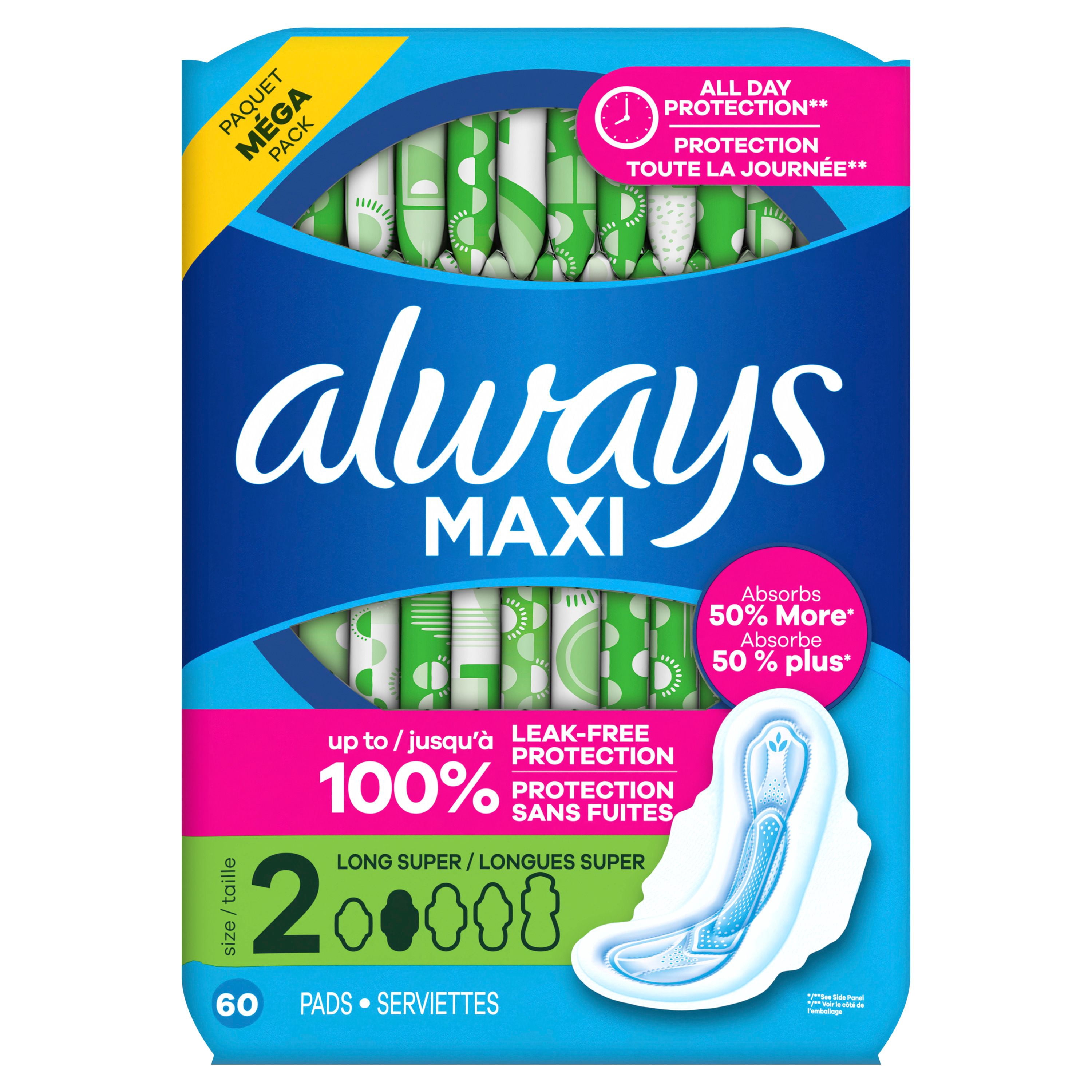 Always Maxi Feminine Pads with Wings for Women, Size 2, Long Super Absorbency, Unscented