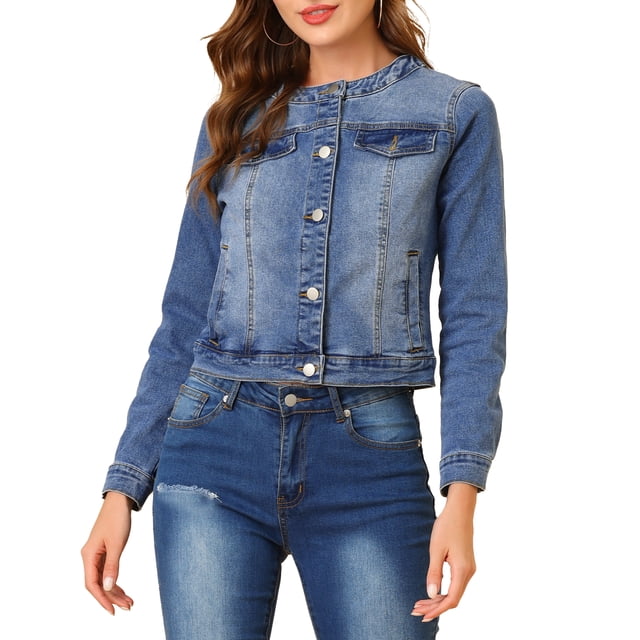 INSPIRE CHIC Veste en Denim Courte à Manches Longues Sans Col à Boutons pour Femme Bleu P