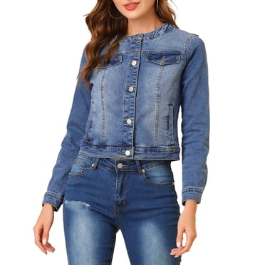 INSPIRE CHIC Women's Button Down Collarless Long Sleeve Cropped Denim Jacket Blue S