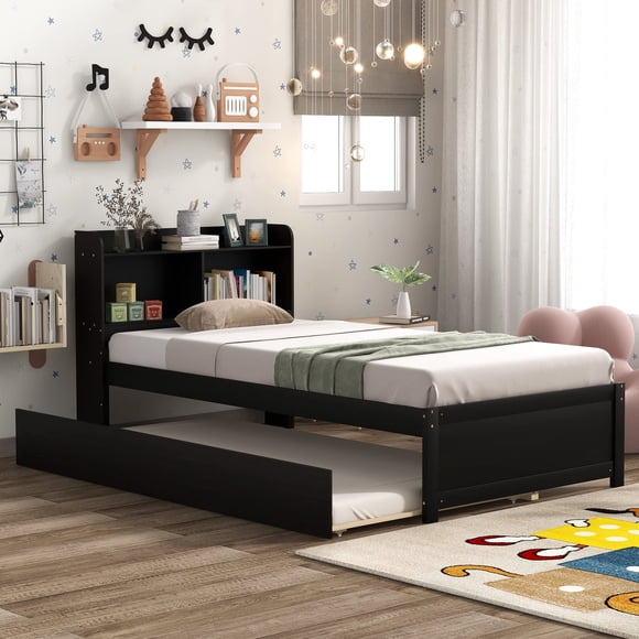LZ LEISURE ZONE Twin Size Platform Bed with Trundle, Wood Twin Bed Frame with Bookcase and Headboard, No Box Spring Needed, Espresso