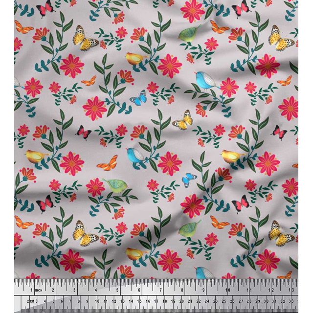 Soimoi Gray Poly Georgette Fabric Insect,Bird & Floral Artistic Print Fabric by The Yard 42 Inch Wide