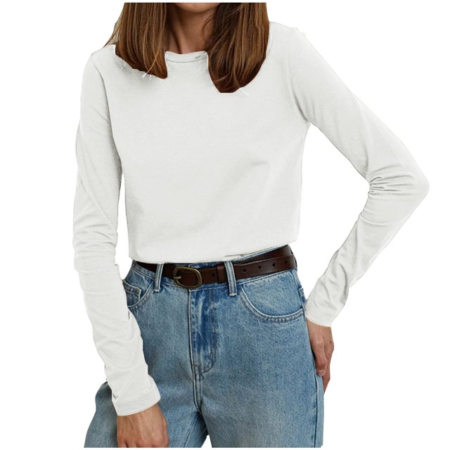 MeetoTime T-Shirt à Manches Longues en Coton pour Femmes Col Rond Basique Couleur Unie Chandail Confortable