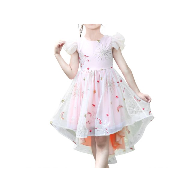 Robe Fille Rose en Tulle Sequins Unicorn Star Moon Fête Volant Manches Courtes 10 Ans
