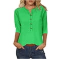 thumbnail image 1 of FAIWAD Hauts pour Femmes à Manches 3/4 Décontractés Amples à Col en V Boutonnés Tuniques Hauts Printemps Été Blouse Basique, 1 of 4