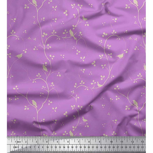 Soimoi Modal Satin Fabric Branches,Leaves & Bird Printed Craft Fabric by the Yard 42 Inch Wide