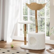 43in Modern Natural Wood Cat Tree for Cats Aesthetic Cat Tower with Large Basket, Scratching Posts and Real Branch Design, White Luxury Cats Tree One Perch