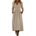 thumbnail image 4 of Pisexur Robes en Coton et Lin pour Femmes Décontractées Unies à Boutons Longues Robes Mode Col en V Manches 3/4 Robe Maxi Fluide pour Quotidien, Travail, Plage P-2TG, Brun, 4 of 9