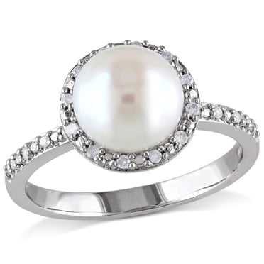 Miabella Bague Halo en Argent Sterling avec Perle d'Eau Douce de Culture à Bouton Blanc 8-8,5 mm et Accents de Diamants