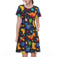 thumbnail image 1 of Bixox Robe d'Été à Manches Courtes pour Femmes Robe Ample Longueur Genou avec Poches-Dinosaures dans l'Espace, 1 of 7