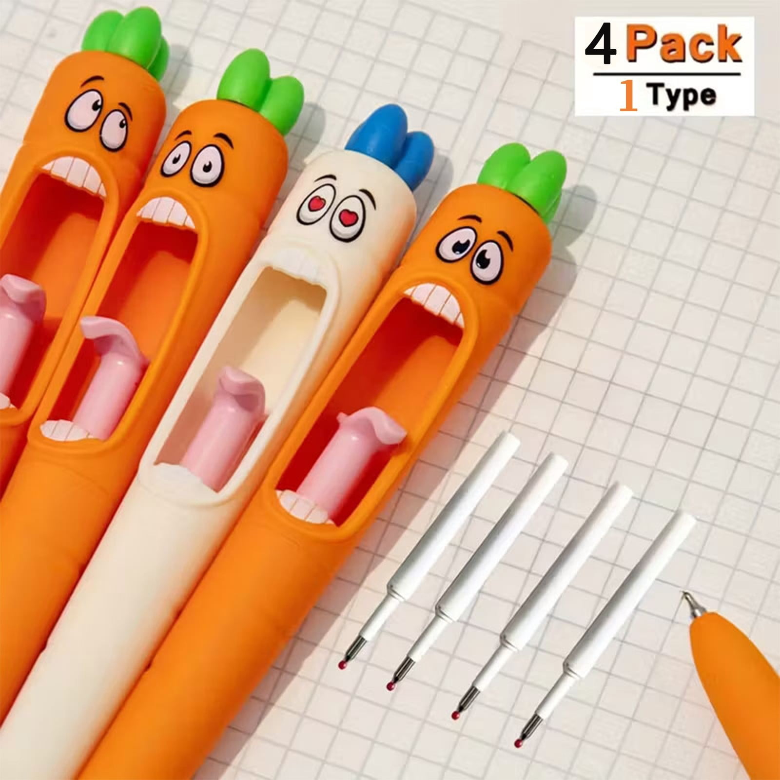 RRJ Back To Study Gel Pens, 4-Pack Carrot Shaped Press Gel Pens, Funny Tongue Refill Design 0.5mm Black Ink, Cute Office Pens For Study, Writing Supplies For Study, College, Work And Home