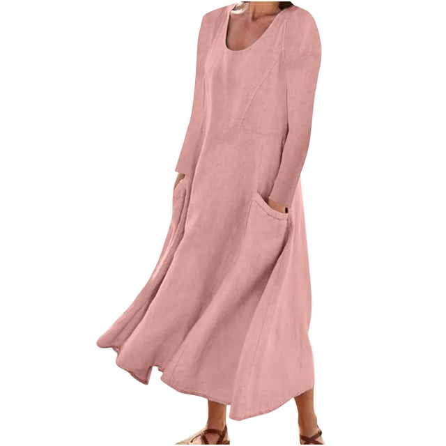 XZNGL Robe à Manches Longues Femme Mode Femmes Robe à Manches Longues Couleur Unie Coton Lin Col Rond Robe avec Poches Robe à Manches Longues pour Femmes Robe à Manches Longues pour Femmes Robe Longue à Manches Longues pour Femmes