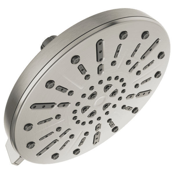 Delta 4-Setting Raincan Shower Head in brushed metal with soft rubber Touch-Clean spray holes arranged in concentric circles and elongated clusters, offering four spray settings: full body, massaging, shampoo rinsing, and pause to reduce water flow while maintaining temperature.