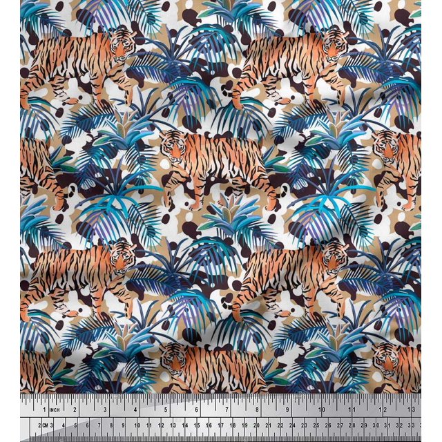 Soimoi polyester Crepe Fabric texture,leaves & tiger Animal Decor Fabric Printed Yard 52 Inch Wide