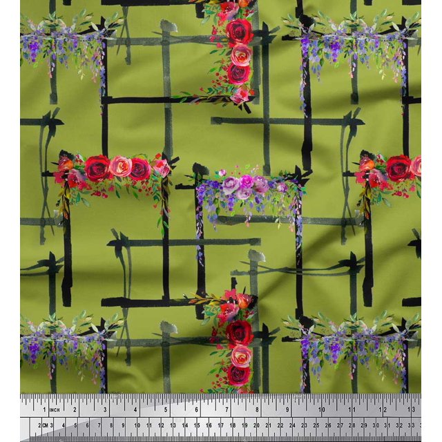 Soimoi Green Rayon Fabric Geometric & Rose Floral Decor Fabric Printed Yard 56 Inch Wide