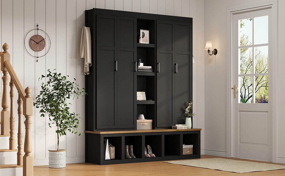 Noble House 62.9" Farmhouse Hall Tree with 6 Hooks,Wood Grain Bench & Shoe Cabinet for Entryway Living Room,Black
