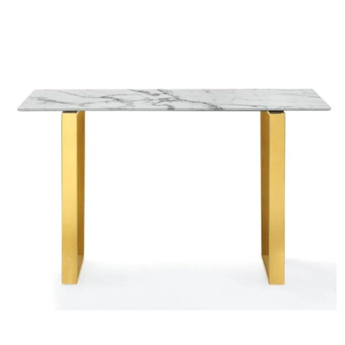 Console rectangulaire dorée avec plateau en faux marbre et base en acier inoxydable