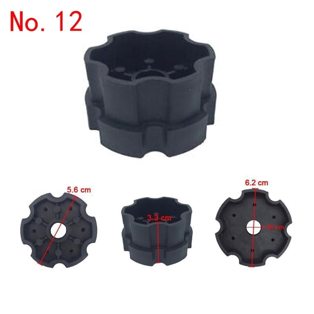 Children's Electric Car Tire Adapter Connection Clip for Gearbox Toy Car Coupler, model No. 12, made of durable black plastic. The adapter features a plum blossom design and is compatible with 6 Torx 390/550/570 gearboxes. Dimensions include a diameter of 6.2 cm and a height of 5.6 cm, as shown in the image. Suitable for single or double drive tire connections in children's electric cars and strollers.