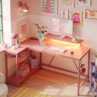 Bestier 52" Gaming Desk with LED Lights L Shaped Desk with Power Outlet & Monitor Stand Corner Computer Desk in Pink