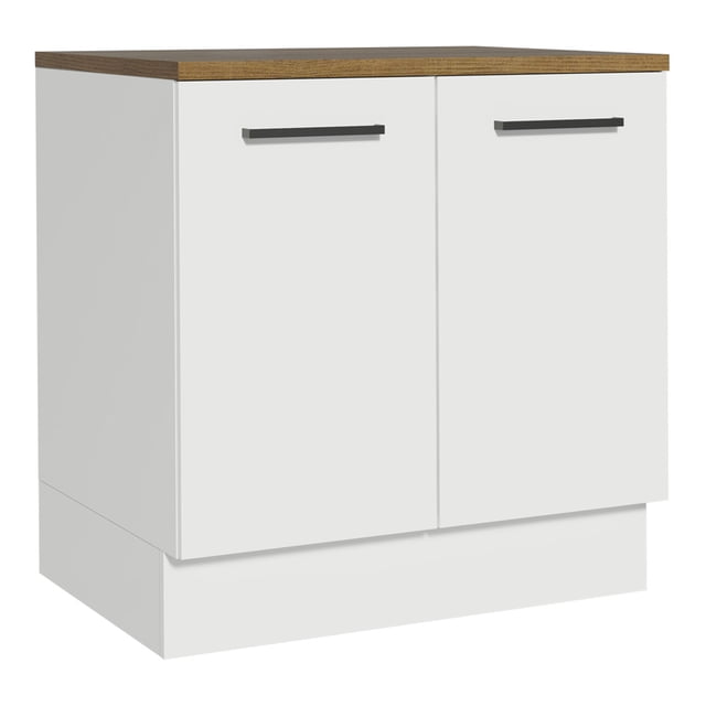 Madesa Hazel Kitchen Armoire de Rangement de Base avec 2 Portes et Tablettes, une Unité d'Organisation en Bois de 31 Pouces en Blanc avec un Dessus de Table à Effet Bois Contrasté. Comprend Deux Hautes Portes d'Armoire avec Poignées Métalliques et Charnières à Fermeture en Douceur, s'Ouvrant pour Révéler Deux Tablettes Spacieuses. Conçue pour Être Utilisée dans un Garde-Manger Ou comme Armoire de Base, Elle Mesure 33 Pouces de Hauteur, 24 Pouces de Profondeur et 31 Pouces de Longueur. Fabriquée à Partir de Panneau de Particules de Haute Qualité