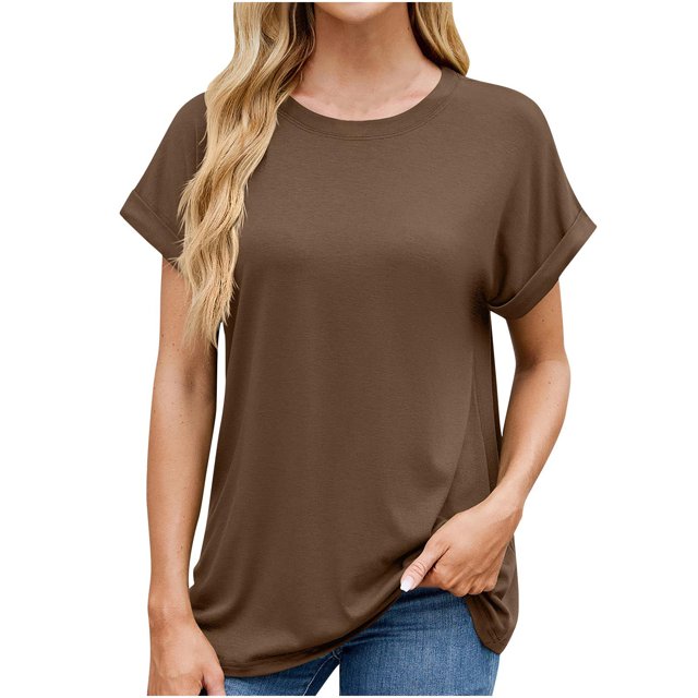 Plebaso Womens Roll up Short Sleeve Crew Neck T Shirts Solid Color Loose Casual Summer Basic Tees Tops