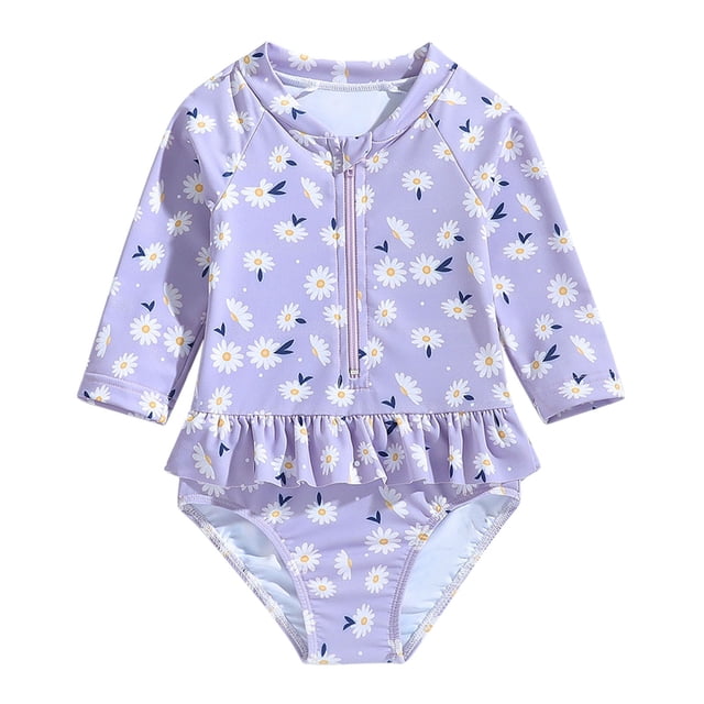 Girl Rash Guard Swimsuit Flounce Printed Sun Protection Long Sleeve Bathing Suit for Girls 5-6 Years Girl Fashion