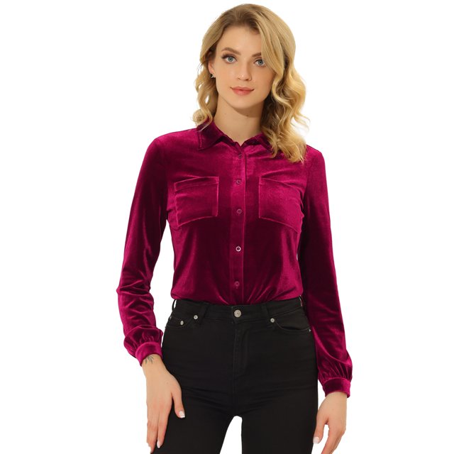INSPIRE CHIC Chemise en Velours pour Femme à Col Pointu avec Poche Rouge Vin TG