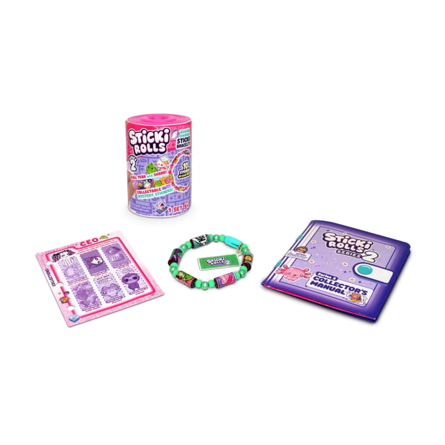 Sticki Rolls Sticki Bands - Mystery Capsule Series 2 showing a pink cylindrical container with kawaii-themed wearable sticker bracelets, a green and purple bead bracelet with foil holographic character stickers, a purple collector's manual, and a pink collector's sticker sheet, displayed on a white background, ideal for scrapbooking and paper crafts.