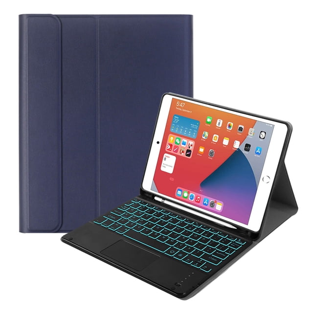 Étui Clavier pour iPad 10,2 Pouces avec Pavé Tactile pour iPad 9e Gén. avec Clavier Bluetooth Magnétique Détachable, Touches Rétroéclairées Colorées, Pavé Tactile Intégré et Étui Protecteur en Cuir PU durable. Comprend un Logement Apple Pencil Intégré et Offre une protection Complète pour la Tablette. Affiché dans une Étui Bleu Foncé avec le Clavier Illuminé en Sarcelle.