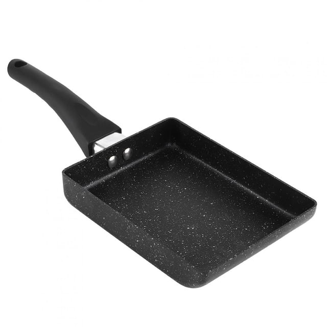 Japanese Omelette Pan, Tamagoyaki Rectangular Non Stick Saucepan with a black speckled finish and a durable plastic handle. Made of aluminum alloy, this nonstick frying pan measures approximately 13.5 x 18.5 x 35cm and features a 3cm height. Ideal for omelet preparation, frying, steaming, boiling, and stewing, with enhanced thermal conductivity and easy food release.