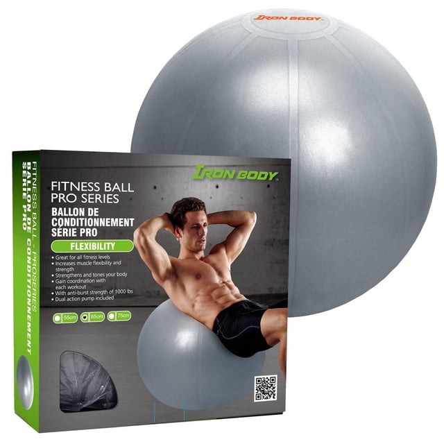 Balle d'Exercice Iron Body Entraînement Physique Pro Series, Balle de Stabilité en PVC Gris Anti-Éclatement de 65 cm avec Fini Mat et Lignes en Panneau, Montrée avec Emballage Représentant un Homme Qui Fait de l'Exercice pour Améliorer la Flexibilité, la Force et l'Équilibre; Comprend une Pompe à Double Action et Supporte jusqu'à 1000 Lb.