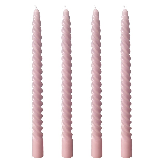 9.84in 4-pack taper candles in pink, crafted from odorless mixed wax with a twisted design. Perfect for Christmas decorations, weddings, or parties, these long candles fit standard tapered candlesticks and are fragrance-free for scent-sensitive environments.
