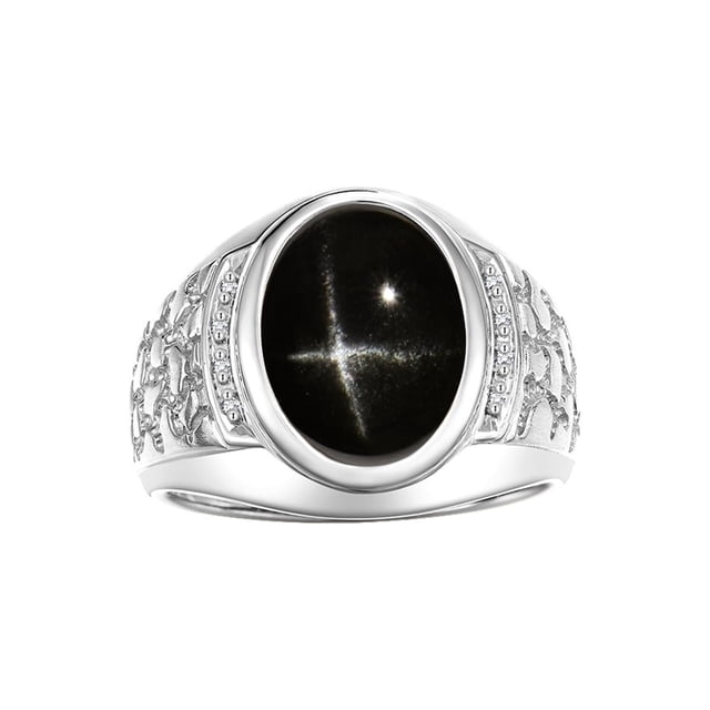 RYLOS Men's Rings 14K White Gold Nugget Ring with Cabochon Gemstone & Diamonds Black Star Sapphire Rings For Men Size 9