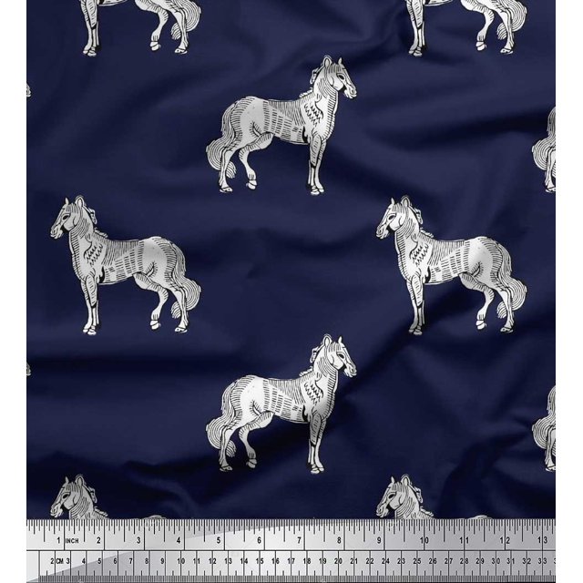 Soimoi Polyester Crepe Fabric Horse Block Print Fabric by The Yard 42 Inch Wide