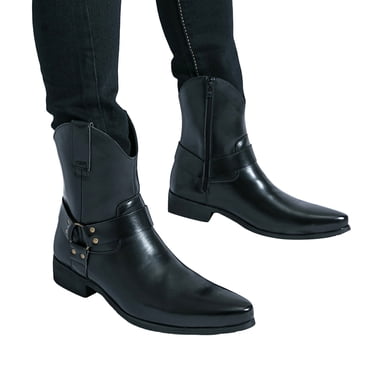 Cowboy Boots for Men Leather Pointed Toe Chunky Low Heel Wide Mid Calf Dressy Oxfords Work Boots Black
