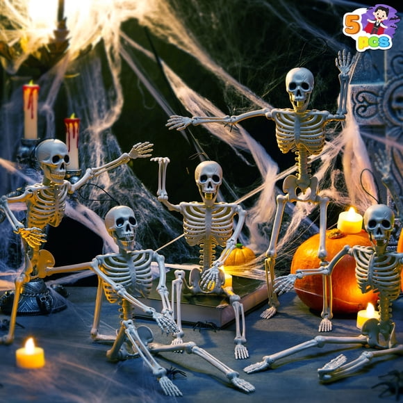 Joyfy 5Pcs Halloween Skeleton, 16" Full Body Posable Joints Hanging Skeletons for for Halloween Indoor Outdoor Party, Graveyard, Haunted House Accessories, White