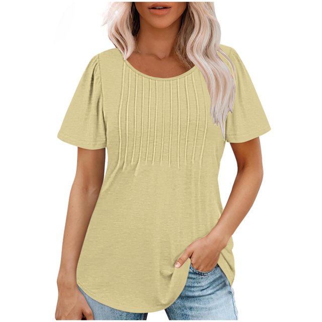 AherBiu Tuniques pour Femmes Amples Décontractées à Manches Courtes Couleur Unie Confortables d'Été à Col Rond Blouse T-Shirts