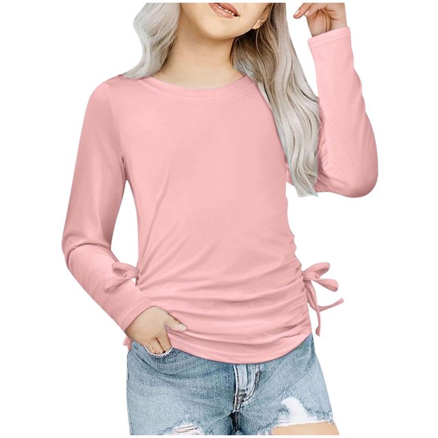 Plebaso Chemises à Manches Longues pour Filles avec Cordon de Serrage Col Rond Blouses Décontractées Mode Tunique pour Enfants Filles
