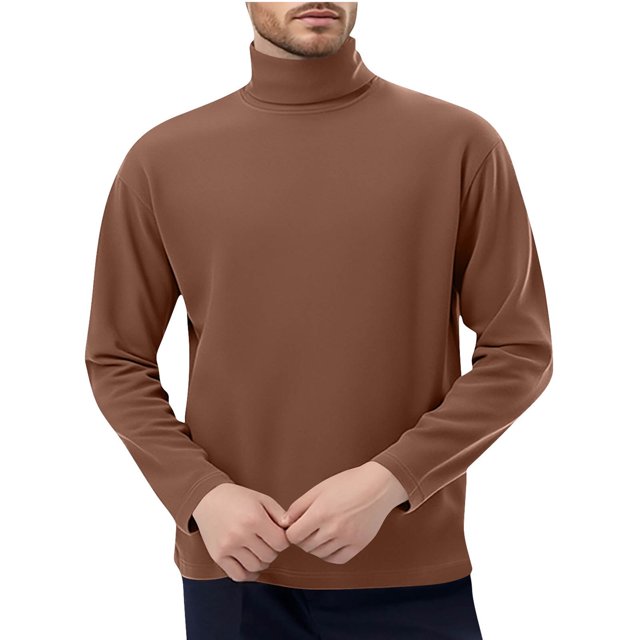 Plain Tshirts for Men Men's Winter Solid Color Medium High Neck Designlong Sleeved Round Neck Top Coffee L