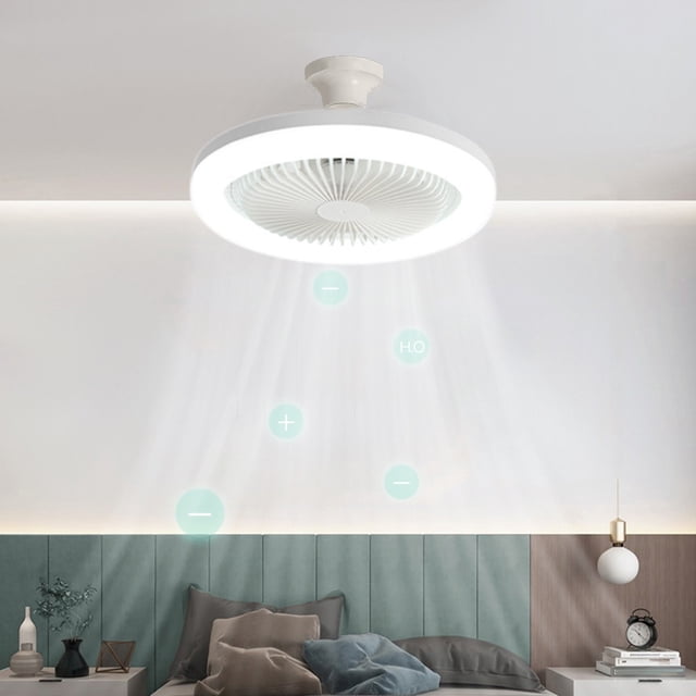 LSLJS Ceiling Fan with Lights featuring an enclosed low-profile design, hidden electric fan, and E27 lamp holder. The fan is white, made of plastic, and measures 10.2 inches in diameter and 4.7 inches in height. It is mounted on the ceiling in a modern bedroom setting, providing energy-saving dimmable LED lighting and quiet air circulation. Ideal for small spaces like bedrooms or offices.