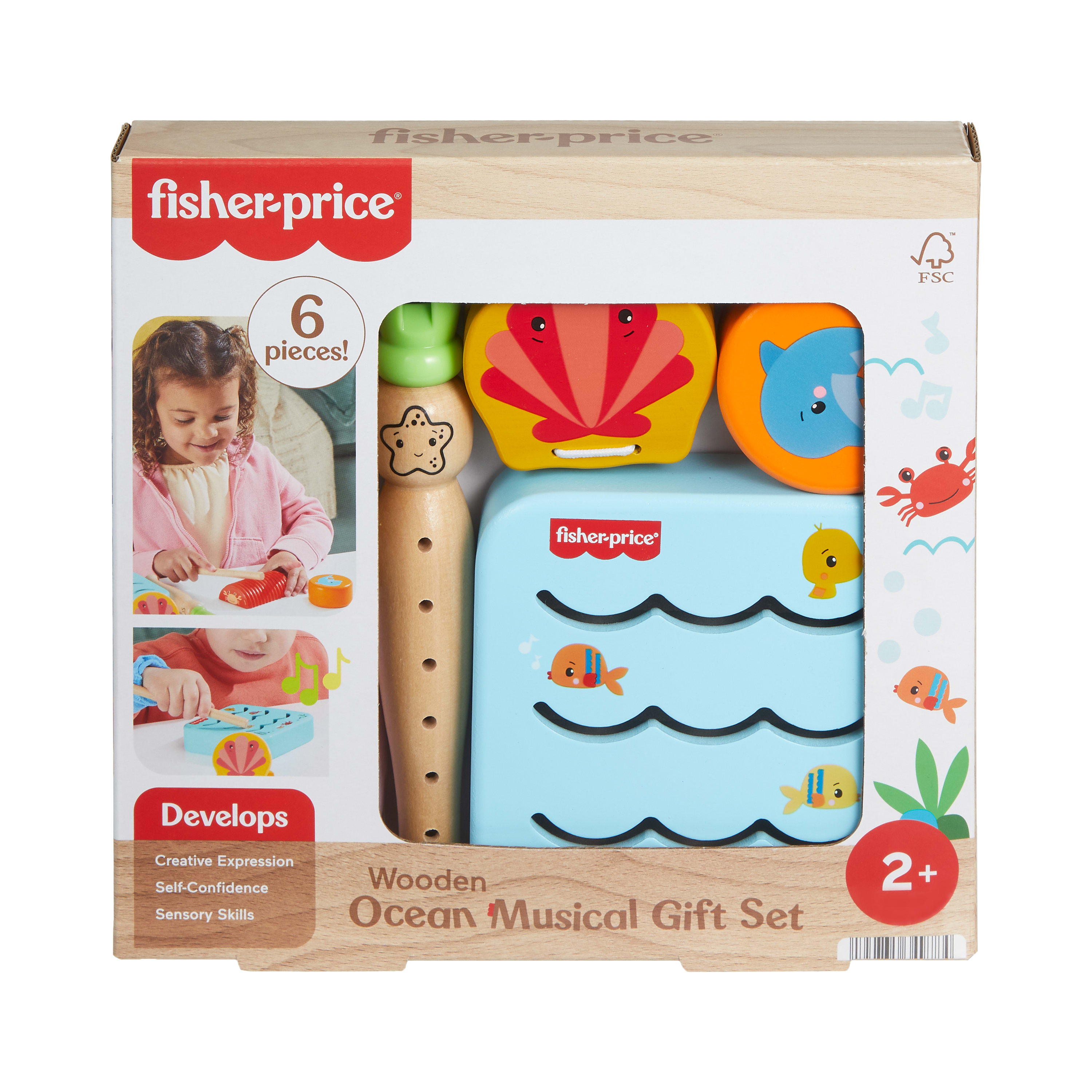 Fisher-Price Wooden Ocean Musical Gift Set for Toddlers & Kids, 6 Wood Pieces