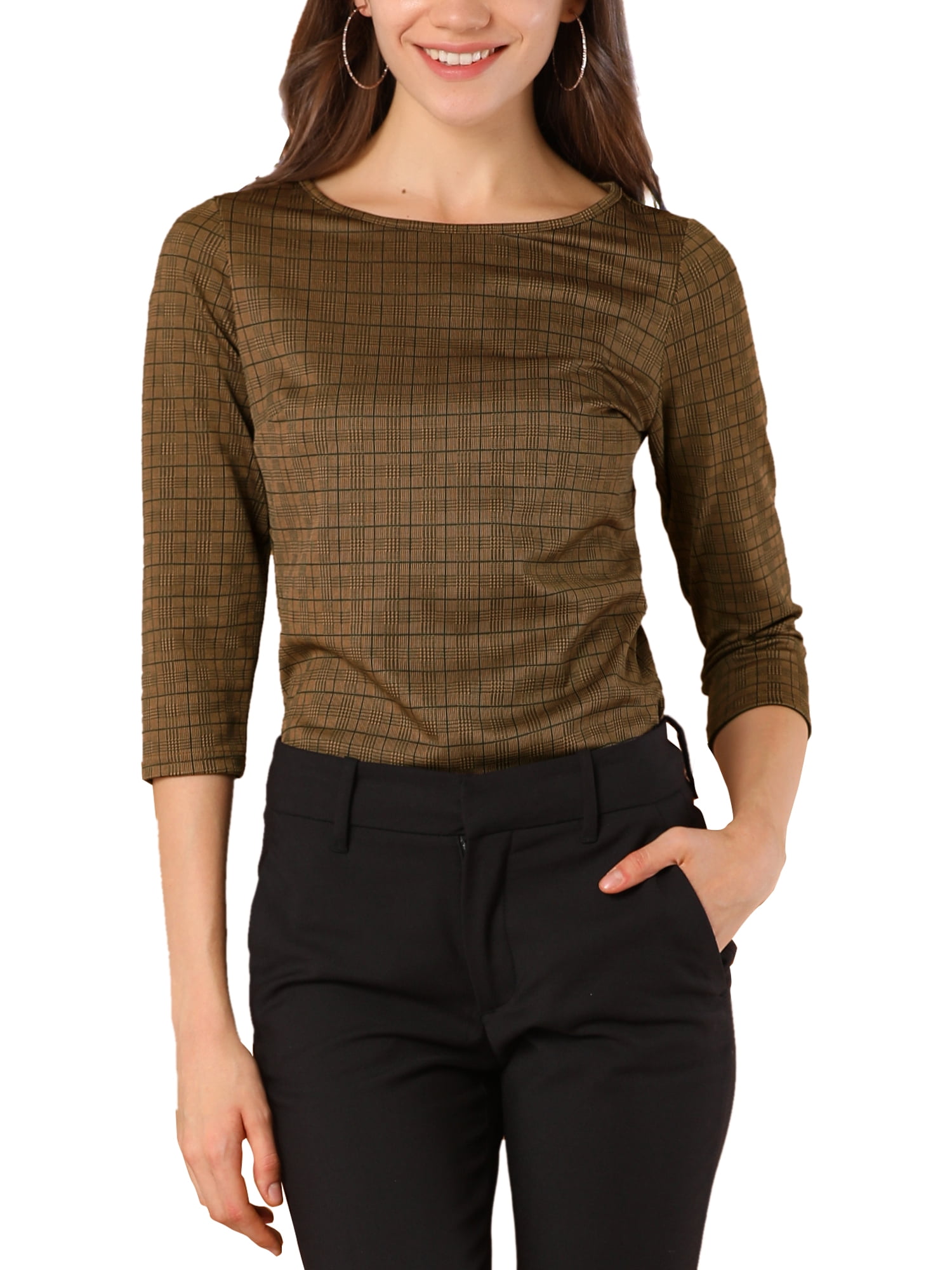 INSPIRE CHIC Women's Work 3/4 Sleeve Boat Neck Houndstooth Blouse Tops