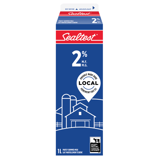 Sealtest carton de Lait Partiellement Écrémé à 2 % en Bleu et Rouge avec Texte Blanc, volume de 1 L, Présentant le logo de Lait de Qualité Canadienne et une illustration de Ferme avec silos et Grange, Étiqueté Fièrement Fabriqué Localement. une Excellente source de calcium et de Vitamine D, Convient à la nutrition Quotidienne.