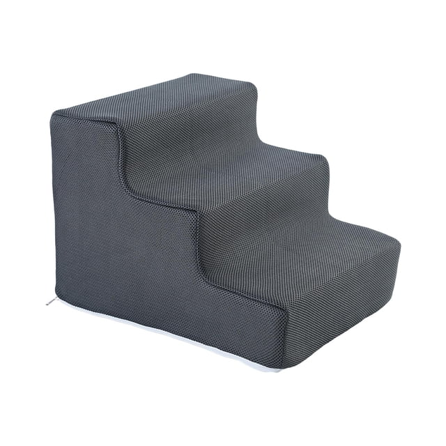 Dog Stairs Ladder Cat Ramp Pet Stairs Steps in dark grey, featuring a 3-step design suitable for small pets. Made of high-density mesh sponge with a removable, machine-washable cover. Anti-slip bottom ensures stability during use. Compact size of 34cmx40cmx30cm, ideal for indoor and outdoor use.