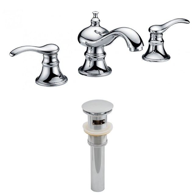 American Imaginations 13.5-in. W Bathroom Faucet Set Chrome AI-2005 with a traditional above-counter design, featuring a curved spout and two lever handles in chrome brass finish, including a matching chrome sink drain with overflow, constructed from stainless steel and CUPC certified for bathroom renovation projects in Canada.